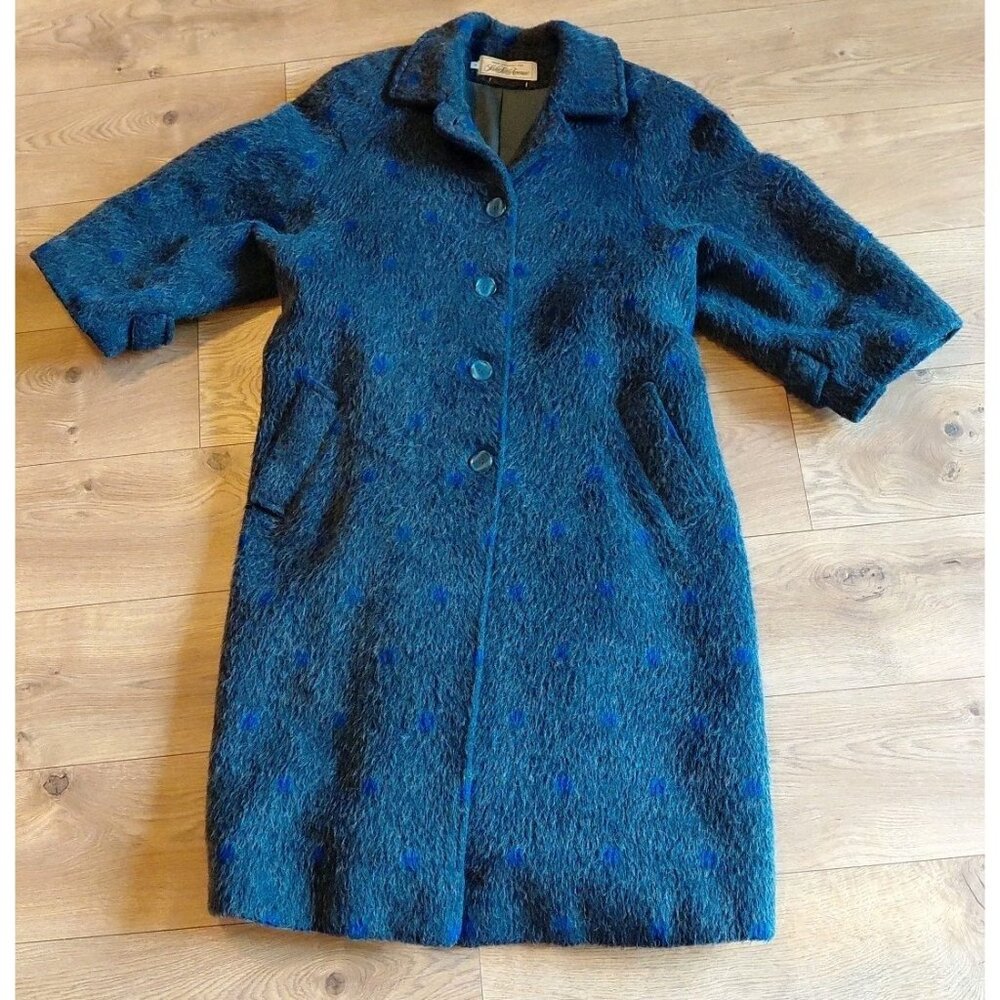 Saks Fifth Avenue Vintage Llama & Wool Swing Coat Gray with Blue Polka Dots 4